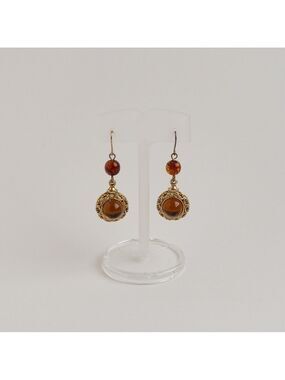 Vintage Gold Tone Drop Dangle Ornate Earrings Brown Acrylic Cabochon Beads